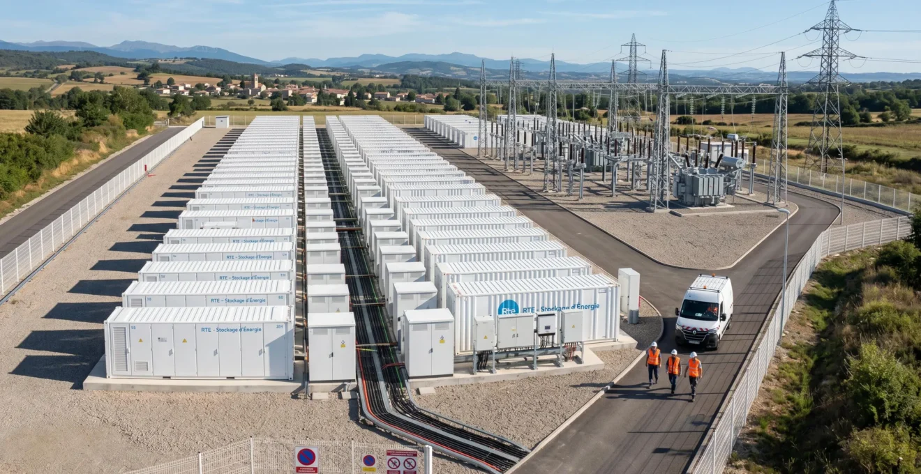 Installation de containers blancs de stockage par batteries dans un environnement industriel avec lignes électriques et infrastructure réseau visible