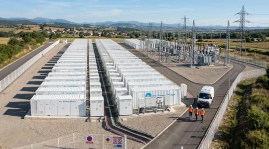 Installation de containers blancs de stockage par batteries dans un environnement industriel avec lignes électriques et infrastructure réseau visible