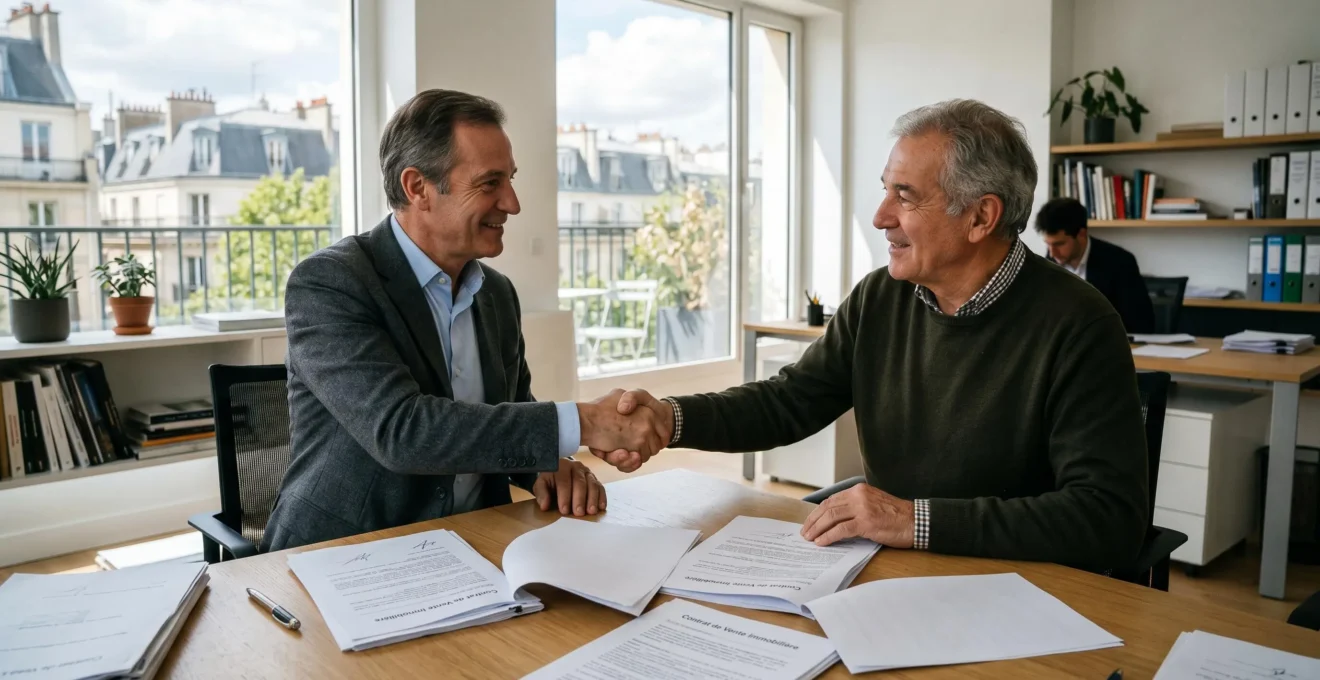 Réunion de signature de contrat entre un propriétaire et un représentant d'investisseur dans un bureau contemporain