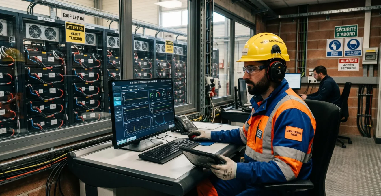 Technicien en équipement de sécurité surveillant un écran de contrôle dans une installation de stockage par batteries LFP