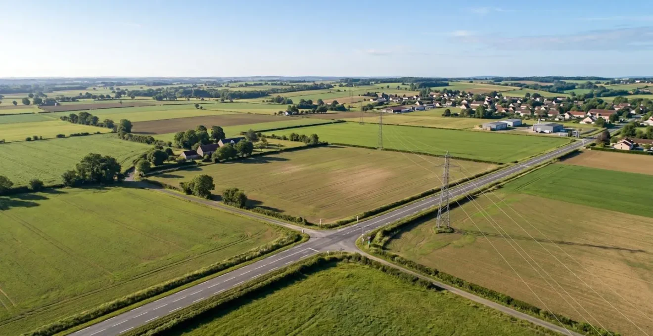 Vue aérienne d'un terrain plat avec accès routier et infrastructure électrique à proximité, idéal pour projet de stockage